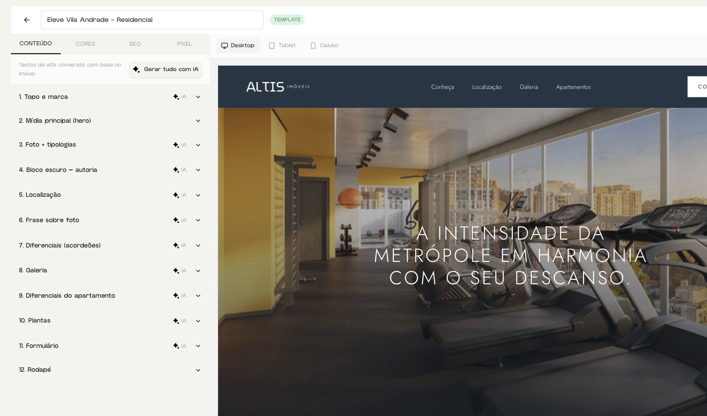 Editor de landing page da Orbi: seções geradas com IA à esquerda e a prévia da página do imóvel à direita.